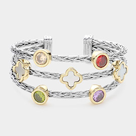 Colorful CZ Stone Bezel Quatrefoil Pointed Split Cuff Bracelet