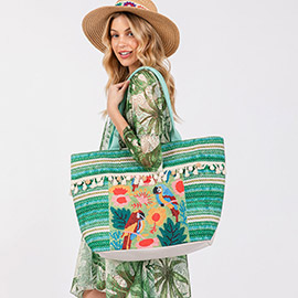 Boho Tropical Flower Parrot Print Fringe Pom Pom Tote Bag