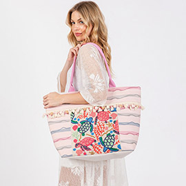 Boho Sea Turtle Print Fringe Pom Pom Tote Bag