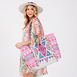 Boho Aztec Print Fringe Tassel Tote Bag
