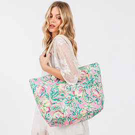 Hand Drawn Fruite Flower Print Tote Beach Bag