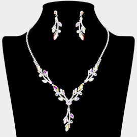 Marquise Stone Accented Flower Leaf Rhinestone Paved Necklace