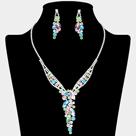 Marquise Round Stone Cluster Pointed Rhinestone Paved Necklace