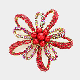 Cluster Pearl Rhinestone Pave Flower Brooch