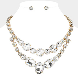 Oval Round Glass Stone Cluster Link Layered Evening Necklace