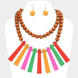 Geometric Wood Bar Beaded Double Layered Necklace