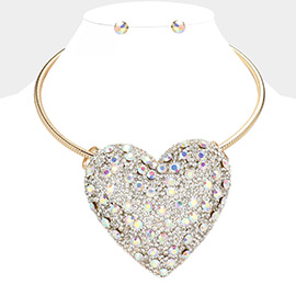 Stone Studded Oversized Heart Pendant Pointed Necklace