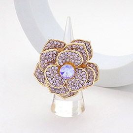 Round Stone Centered Rhinestone Paved Flower Stretch Ring