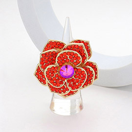 Round Stone Centered Rhinestone Paved Flower Stretch Ring