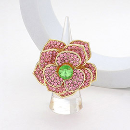 Round Stone Centered Rhinestone Paved Flower Stretch Ring