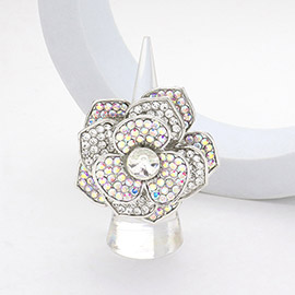 Round Stone Centered Rhinestone Paved Flower Stretch Ring