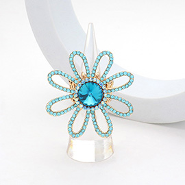 Round Stone Pointed Rhinestone Paved Flower Stretch Ring