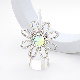 Round Stone Pointed Rhinestone Paved Flower Stretch Ring