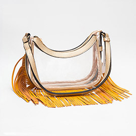 Faux Leather Fringe Transparent Crossbody Bag