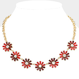 Glass Stone Embellished Flower Cluster Link Necklace