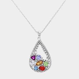 Stone Embellished Antique Metal Teardrop Pendant Necklace