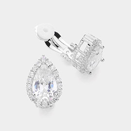 Teardrop CZ Stone Pointed Clip On Earrings