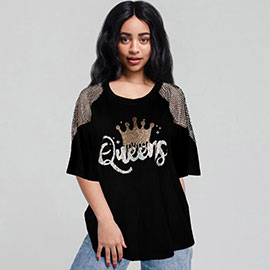 Bling Mesh Shoulder QUEENS Message Tiara Printed Half Sleeves Top