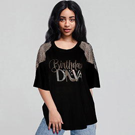 Bling Mesh Shoulder Birthday Diva Message Printed Half Sleeves Top