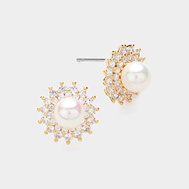 Pearl Accented CZ Stone Paved Spike Stud Earrings