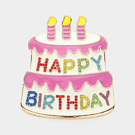 Stone Paved HAPPY BIRTHDAY Message Pointed Enamel Birthday Cake Pin Brooch