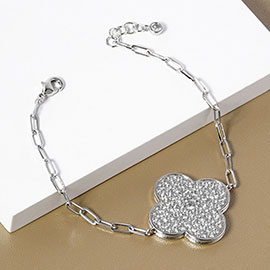 White Gold Dipped Stone Paved Quatrefoil Charm Pointed Paperclip Chain Bracelet