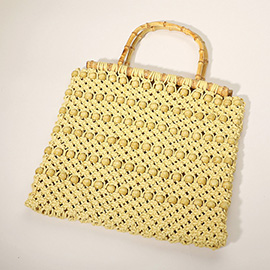 Bamboo Handle Wooden Ball Embroidered Crochet Tote Bag