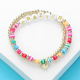 2PCS - CRAZIER Message Metal Ball Heishi Beaded Stretch Multi Layered Bracelets