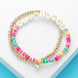 2PCS - MIDNIGHTS Message Metal Ball Heishi Beaded Stretch Multi Layered Bracelets