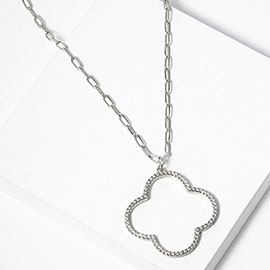 White Gold Dipped CZ Stone Paved Open Quatrefoil Pendant Necklace