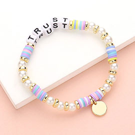 TRUST Message Pearl Heishi Beaded Metal Disc Plate Charm Stretch Bracelet