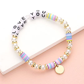 LOVE YOU Message Pearl Heishi Beaded Metal Disc Plate Charm Stretch Bracelet