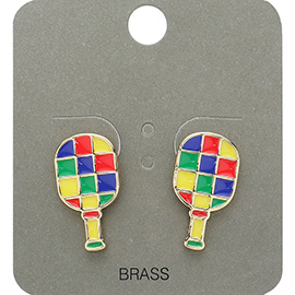 Enamel Checkered Pickleball Paddle Stud Earrings