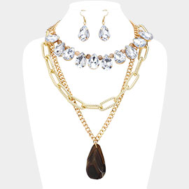 2PCS - Natural Stone Pendant Pointed Teardrop Stone Link Multi Chain Layered Statement Necklace