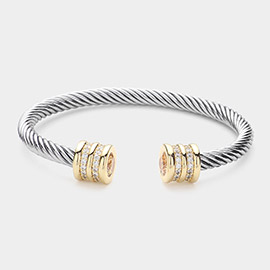 CZ Stone Paved Tip Two Tone Plated Cable Cuff Bracelet