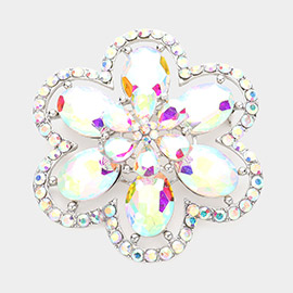 Oval Glass Stone Accented Rhinestone Paved Flower Pin Brooch