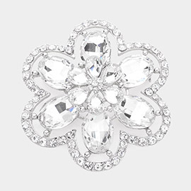 Oval Glass Stone Accented Rhinestone Paved Flower Pin Brooch