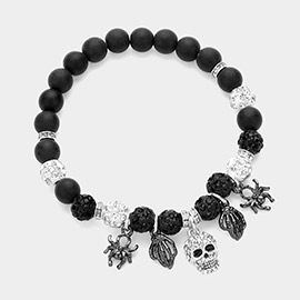 Stone Paved Skull Metal Spider Skeleton Charm Pointed Shamablla Ball Beaded Stretch Bracelet