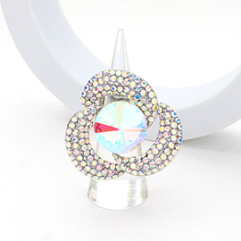 Round Stone Centered Rhinestone Paved Flower Stretch Ring