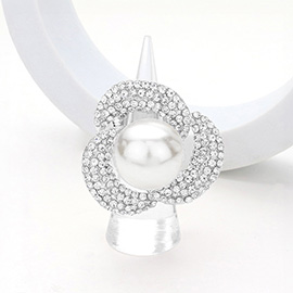 Pearl Centered Rhinestone Paved Flower Stretch Ring