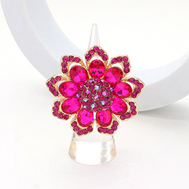 Oval Glass Stone Embellished Rhinestone Paved Flower Stretch Ring