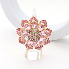 Oval Glass Stone Embellished Rhinestone Paved Flower Stretch Ring