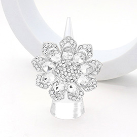 Oval Glass Stone Embellished Rhinestone Paved Flower Stretch Ring