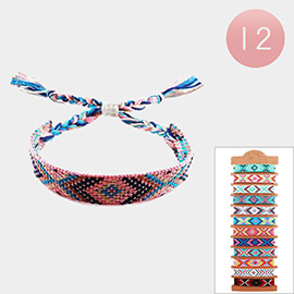 12PCS - Bohemian Aztec Pattern Braided Cinch Pull Tie Bracelets