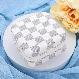 Faux Leather Checkered Pattern Portable Square Jewelry Box