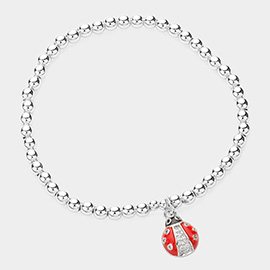 CZ Stone Paved Ladybug Charm Stainless Steel Ball Beaded Stretch Bracelet