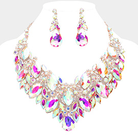 Teardrop Glass Stone Pointed Marquise Stone Cluster Embellished Evening Necklace