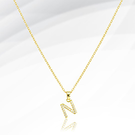 -N- Stainless Steel CZ Stone Paved Monogram Pendant Necklace