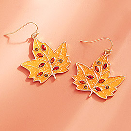 Marquise Round Stone Pointed Enamel Maple Leaf Dangle Earrings