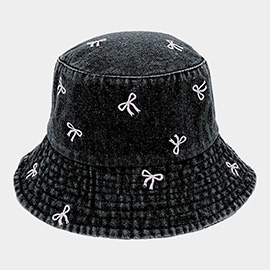 Embroidered Bow Denim Bucket Hat